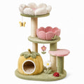 Arbre à chat floral en peluche et sisal, rose, vert, jaune, crème, beige et rouge, 85 x 50 x 120 cm, avec niche et couchages