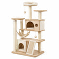 Arbre à chat en bois, sisal et tissu, beige et bois naturel, 100 x 60 x 180 cm, avec niches, hamac, plateformes et griffoir
