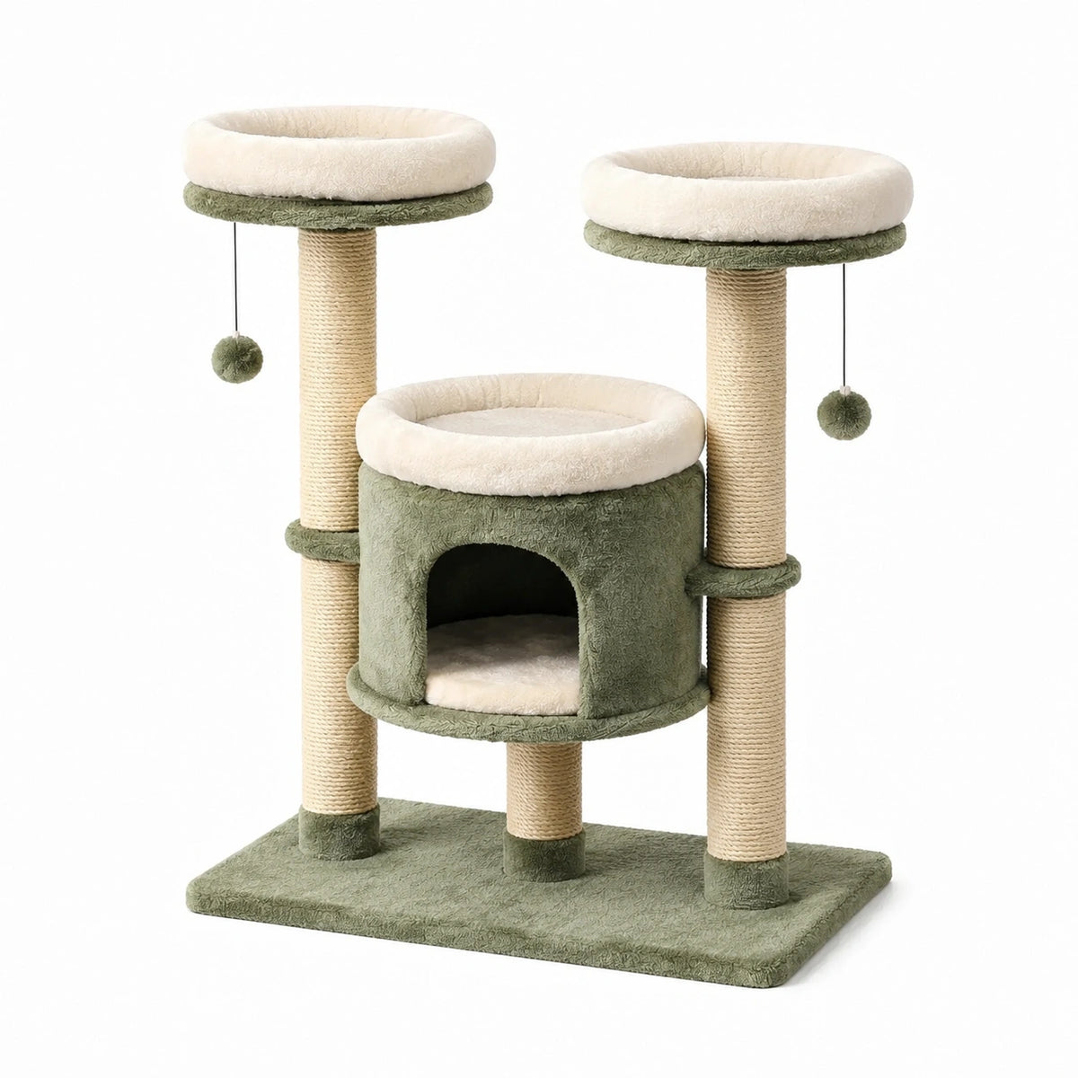 Arbre à chat vert sauge, crème et beige avec niche, 3 couchages, poteaux en sisal et jouets suspendus, 80 x 50 x 100 cm