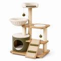 Arbre à chat multiniveau en bois, sisal et textile, beige et vert olive, avec niche, hamac, rampe et griffoirs, 105 x 60 x 150 cm