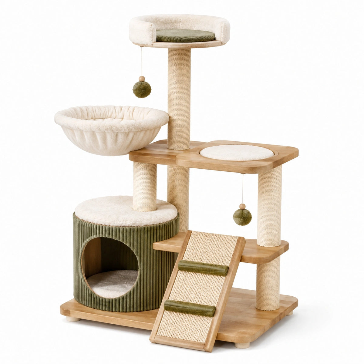 Arbre à chat multiniveau en bois, sisal et textile, beige et vert olive, avec niche, hamac, rampe et griffoirs, 105 x 60 x 150 cm