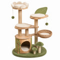 Arbre à chat multiniveau en bois, sisal et tissu beige et vert, 105 x 60 x 165 cm, avec niche, panier et griffoirs
