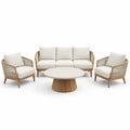 Ensemble 4 pièces beige, blanc cassé et bois naturel avec canapé 196 x 82 x 78 cm, 2 fauteuils 76 x 82 x 78 cm et table ronde Ø 100 x 42 cm