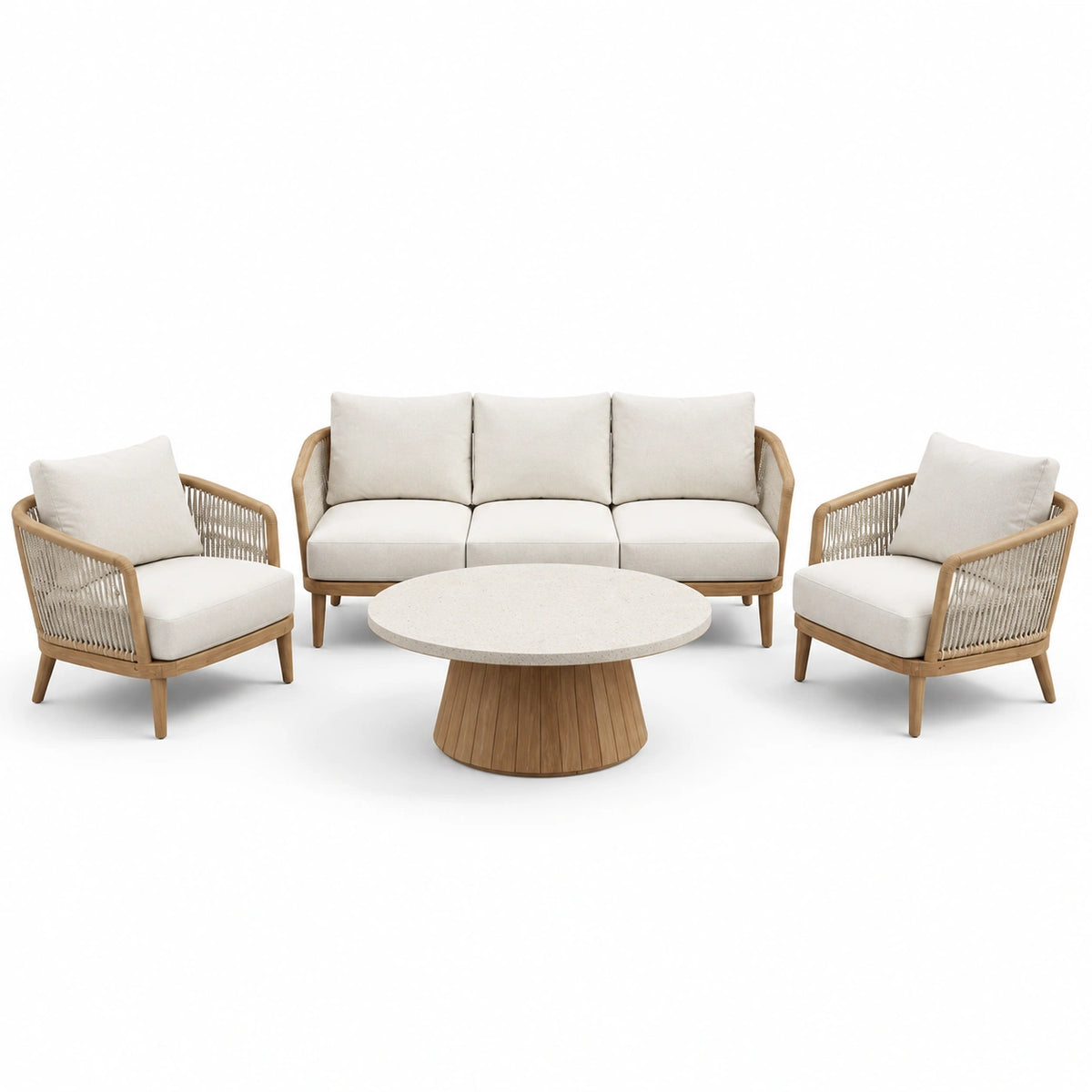 Ensemble 4 pièces beige, blanc cassé et bois naturel avec canapé 196 x 82 x 78 cm, 2 fauteuils 76 x 82 x 78 cm et table ronde Ø 100 x 42 cm