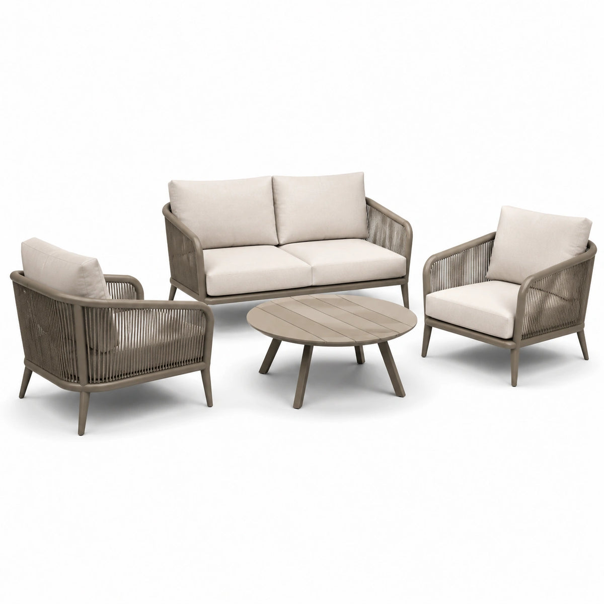 Salon de jardin 4 pièces taupe et beige avec canapé 150 x 78 x 80 cm, 2 fauteuils 75 x 78 x 78 cm et table ronde Ø 80 x 40 cm