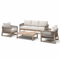 Ensemble de jardin 4 pièces beige, taupe et bois naturel avec canapé 205 x 80 x 78 cm, fauteuils 75 x 80 x 78 cm et table 110 x 65 x 42 cm