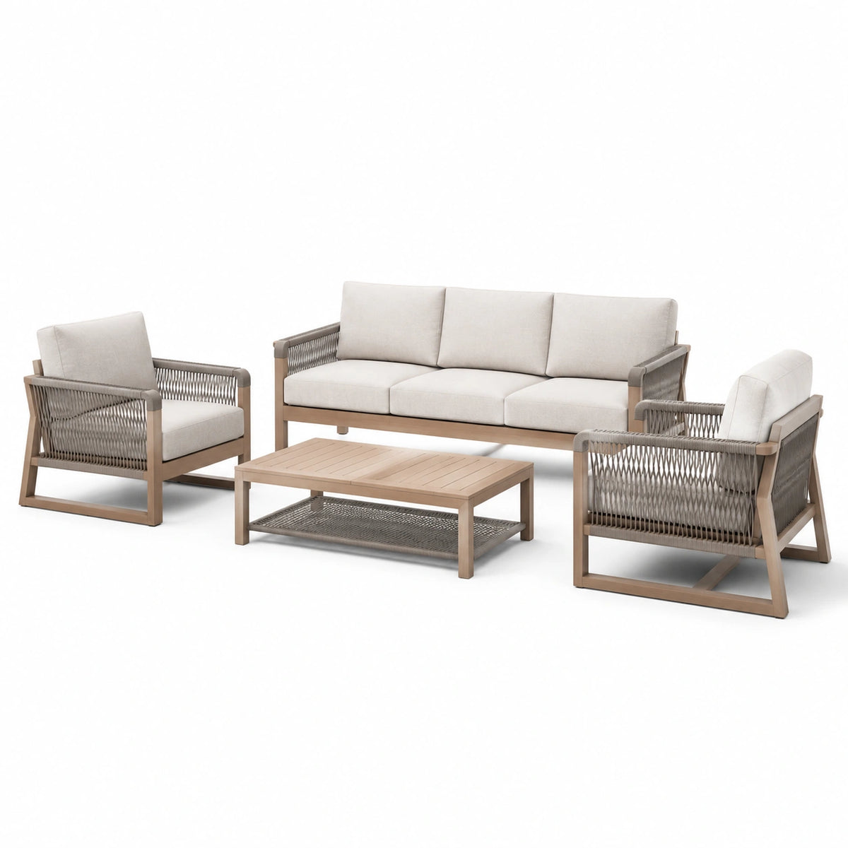 Ensemble de jardin 4 pièces beige, taupe et bois naturel avec canapé 205 x 80 x 78 cm, fauteuils 75 x 80 x 78 cm et table 110 x 65 x 42 cm