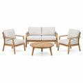 Ensemble 4 pièces en bois naturel et tissu beige avec canapé 140 x 76 x 78 cm, fauteuils 68 x 76 x 78 cm et table Ø 82 x 35 cm