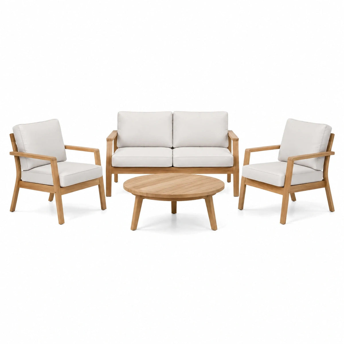 Ensemble 4 pièces en bois naturel et tissu beige avec canapé 140 x 76 x 78 cm, fauteuils 68 x 76 x 78 cm et table Ø 82 x 35 cm