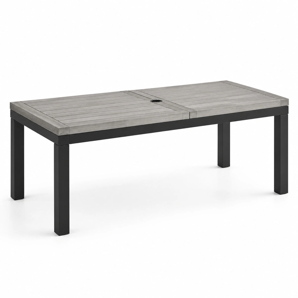 Table de jardin rectangulaire avec passage pour parasol, plateau gris aspect bois et structure noire, 180 x 90 x 75 cm