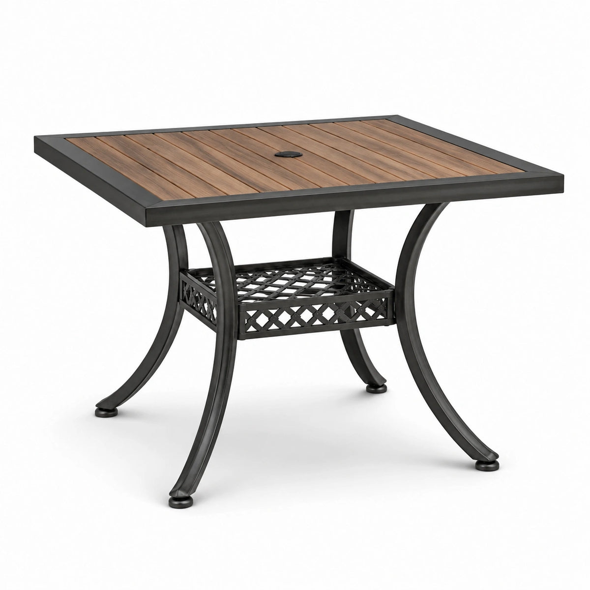 Table de jardin carrée 90 x 90 x 72 cm, brun et noir, avec trou pour parasol et tablette inférieure