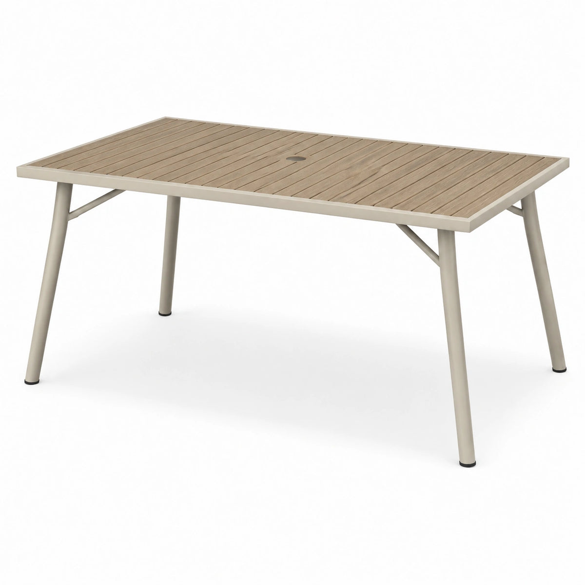 Table de jardin rectangulaire 150 x 90 x 75 cm, métal beige et plateau à lattes aspect bois naturel avec trou pour parasol