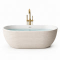 Baignoire îlot ovale en composite minéral blanc cassé, finition rainurée avec trop-plein, 170 x 80 x 58 cm