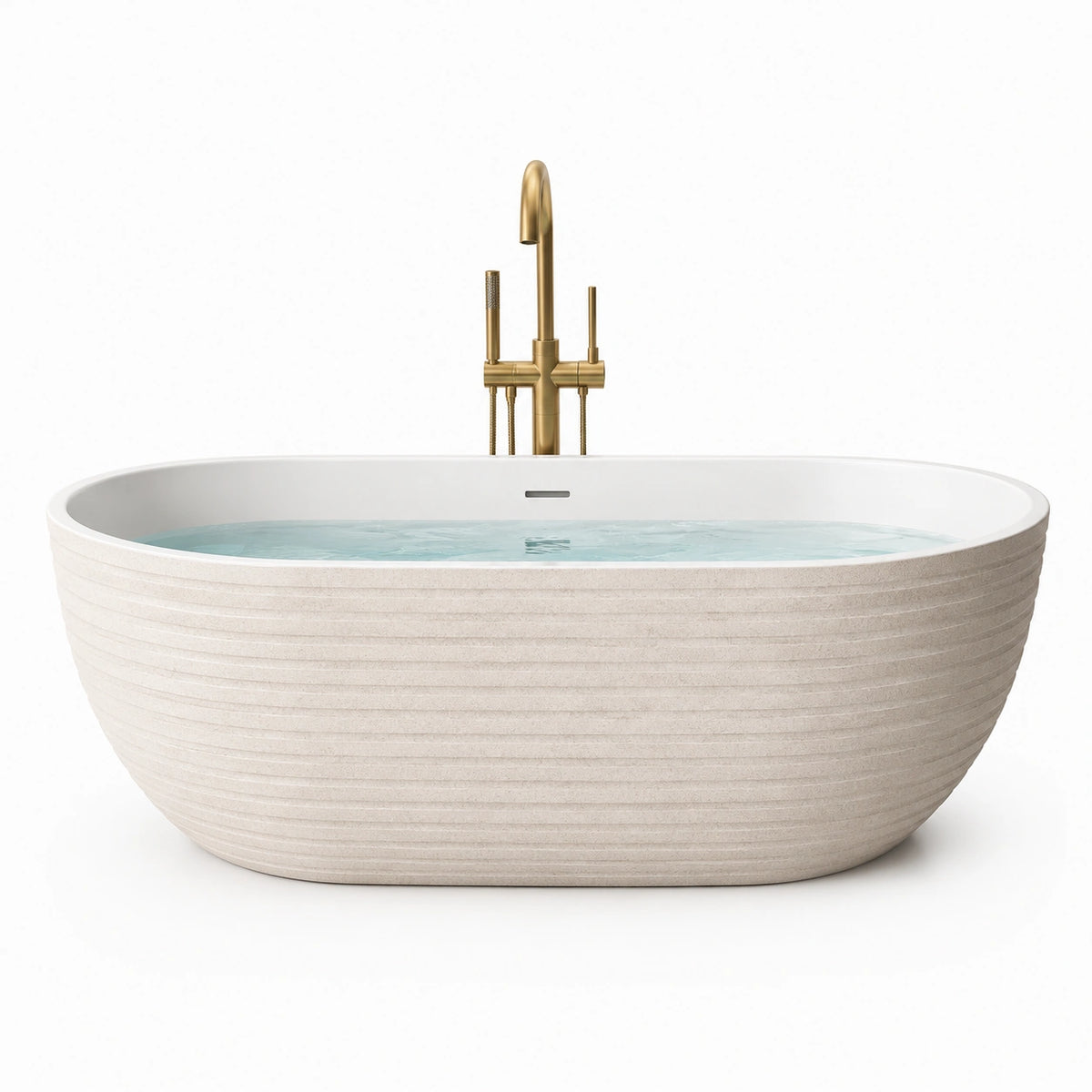 Baignoire îlot ovale en composite minéral blanc cassé, finition rainurée avec trop-plein, 170 x 80 x 58 cm