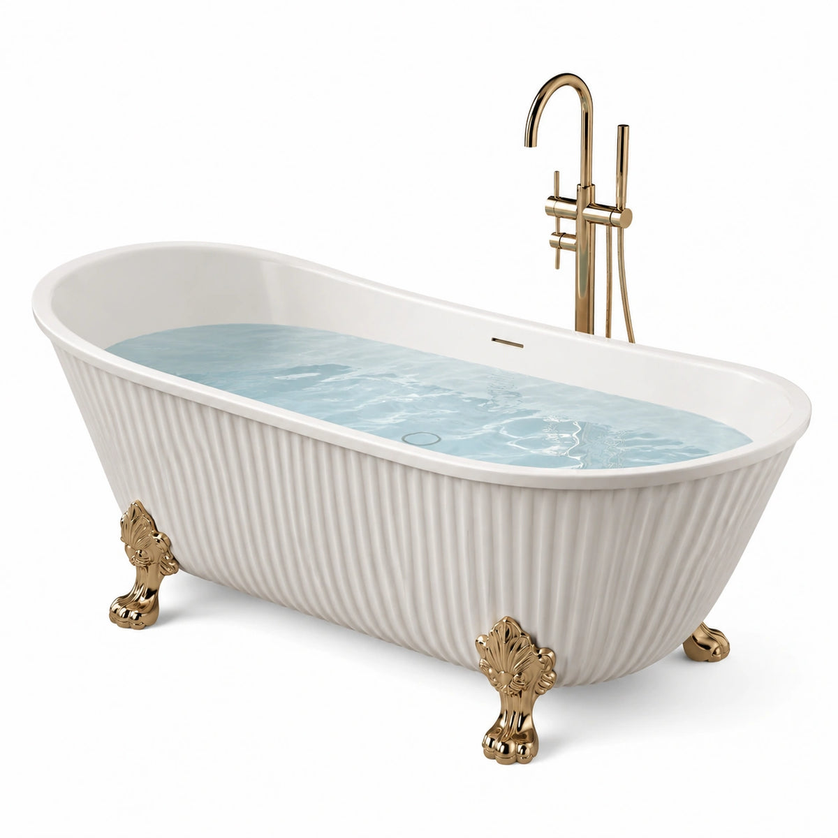 Baignoire îlot ovale en acrylique blanc avec pieds dorés, 170 x 75 x 72 cm