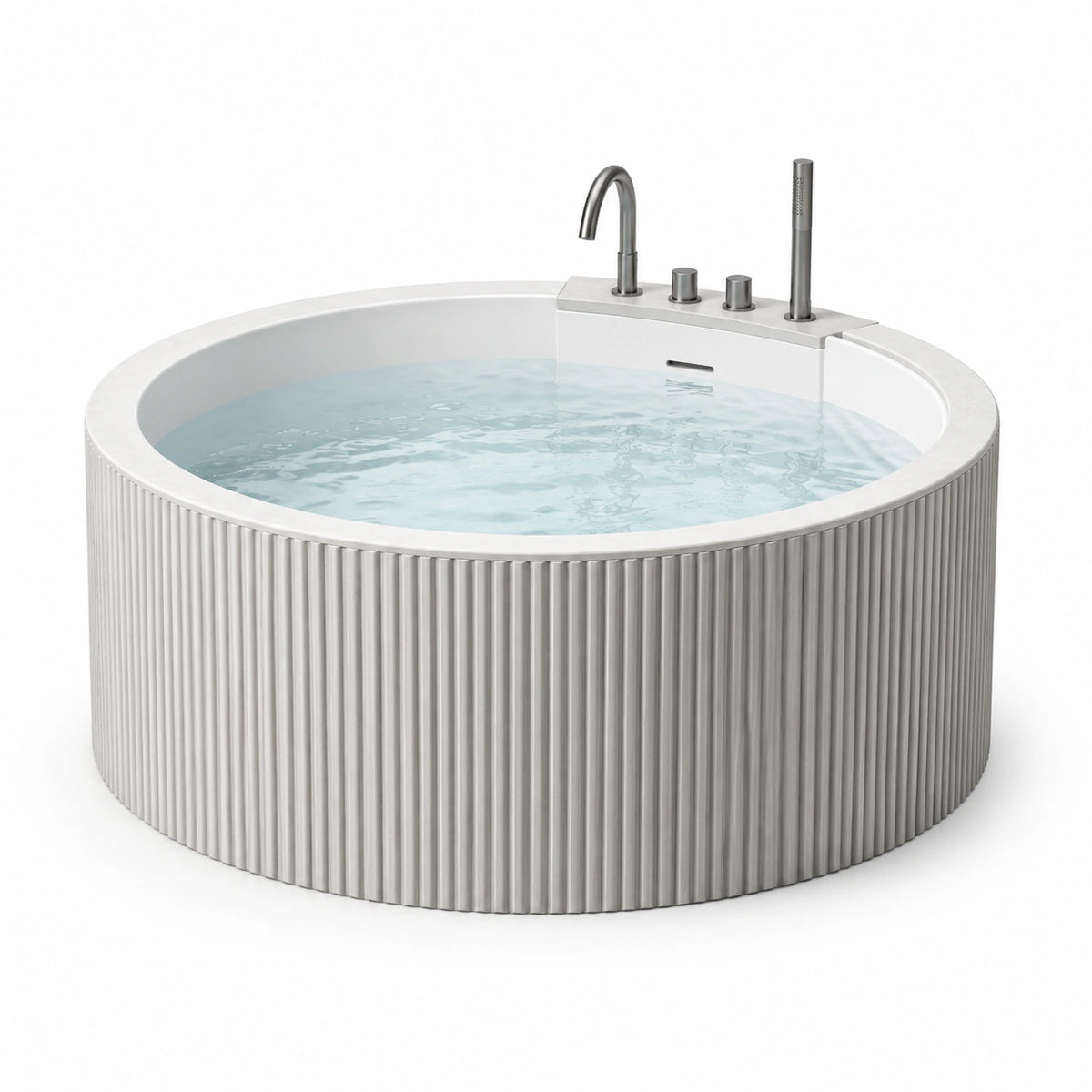 Baignoire îlot ronde en acrylique blanc et gris, Ø 150 x H 60 cm, habillage cannelé et robinetterie intégrée