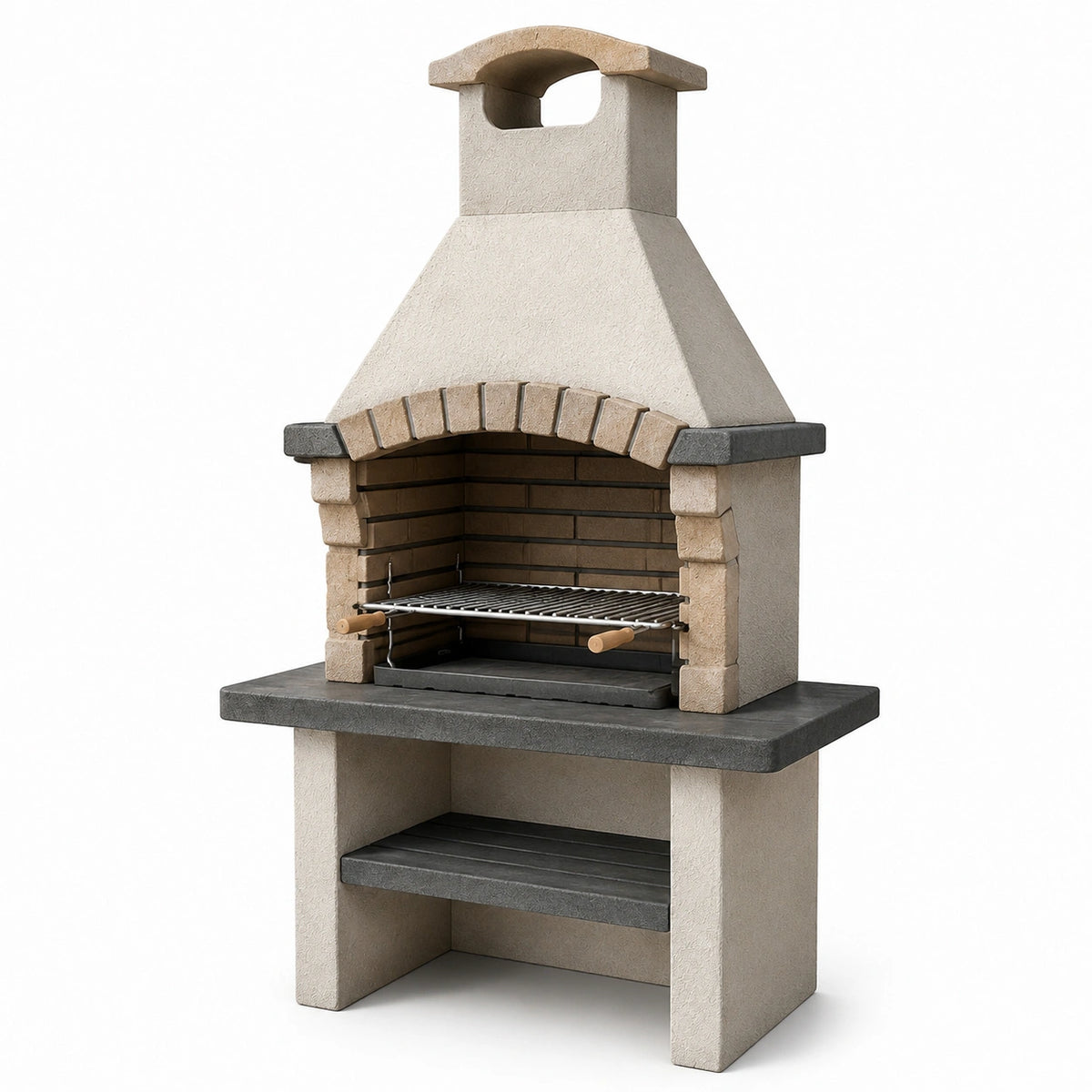 Barbecue fixe en béton beige, gris et brun avec cheminée et grille réglable, 110 x 65 x 210 cm