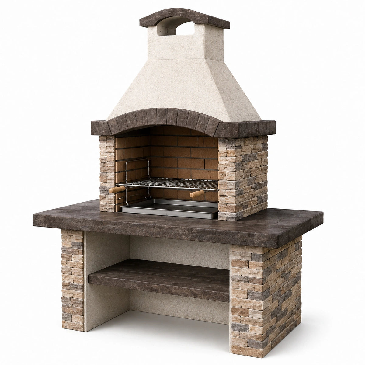 Barbecue de jardin en pierre beige et marron avec hotte et plan de travail, 160 x 70 x 230 cm