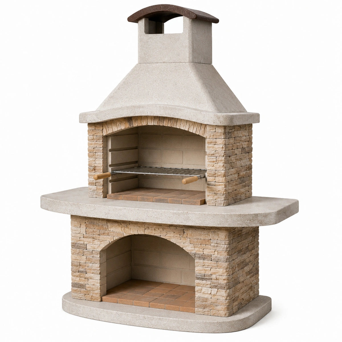 Barbecue fixe en pierre reconstituée beige, brun et terre cuite avec hotte et grille – 160 x 70 x 220 cm