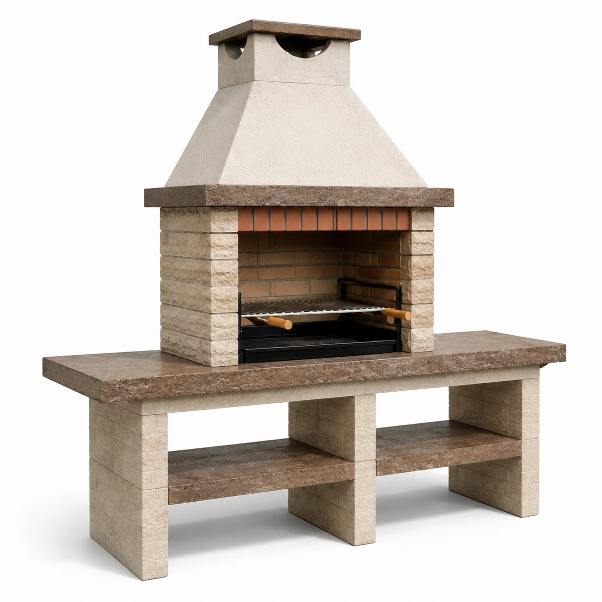 Barbecue fixe avec cheminée, plan de travail et rangements, beige et brun, 180 x 70 x 220 cm