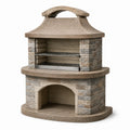 Barbecue de jardin en pierre reconstituée beige et grise avec double grille métallique, 120 x 70 x 210 cm