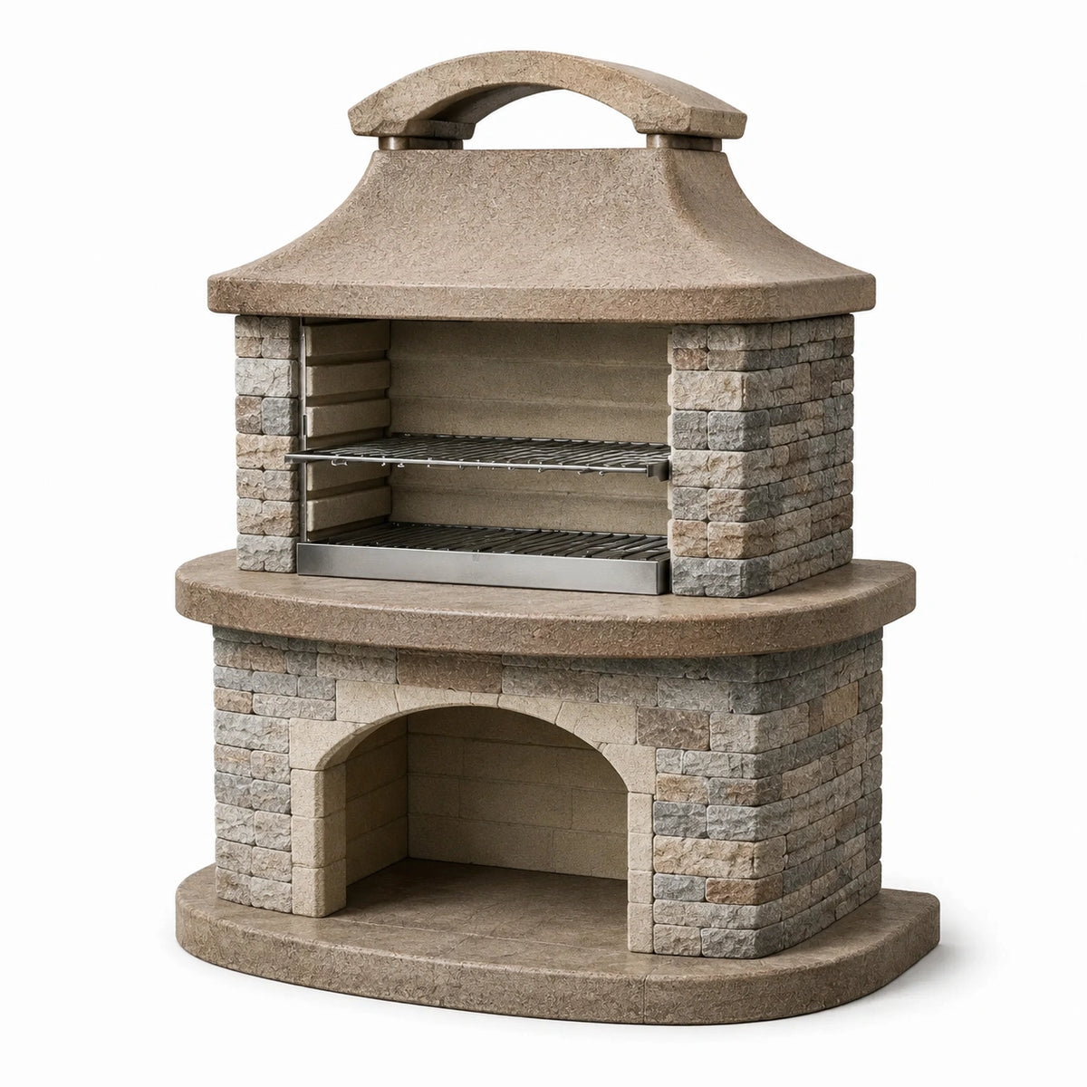 Barbecue de jardin en pierre reconstituée beige et grise avec double grille métallique, 120 x 70 x 210 cm