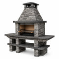 Barbecue fixe de jardin gris aspect pierre avec cheminée et plans de travail, 180 x 70 x 220 cm