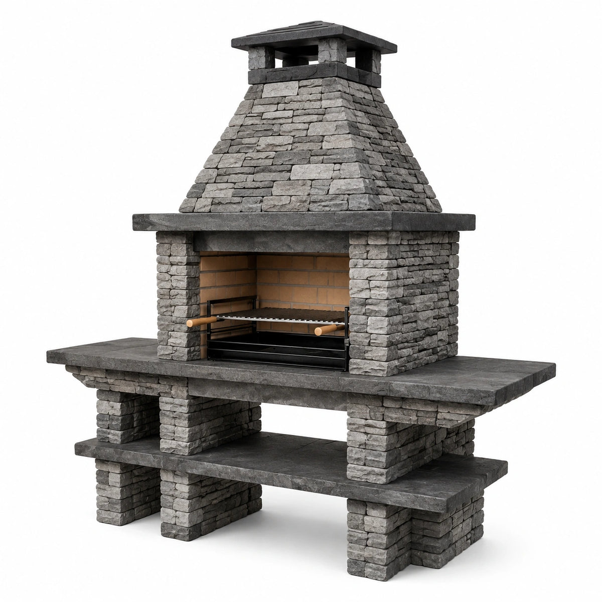 Barbecue fixe de jardin gris aspect pierre avec cheminée et plans de travail, 180 x 70 x 220 cm
