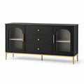 Buffet moderne noir et doré 150 x 40 x 80 cm avec 3 tiroirs, 2 portes en verre strié et pieds en métal
