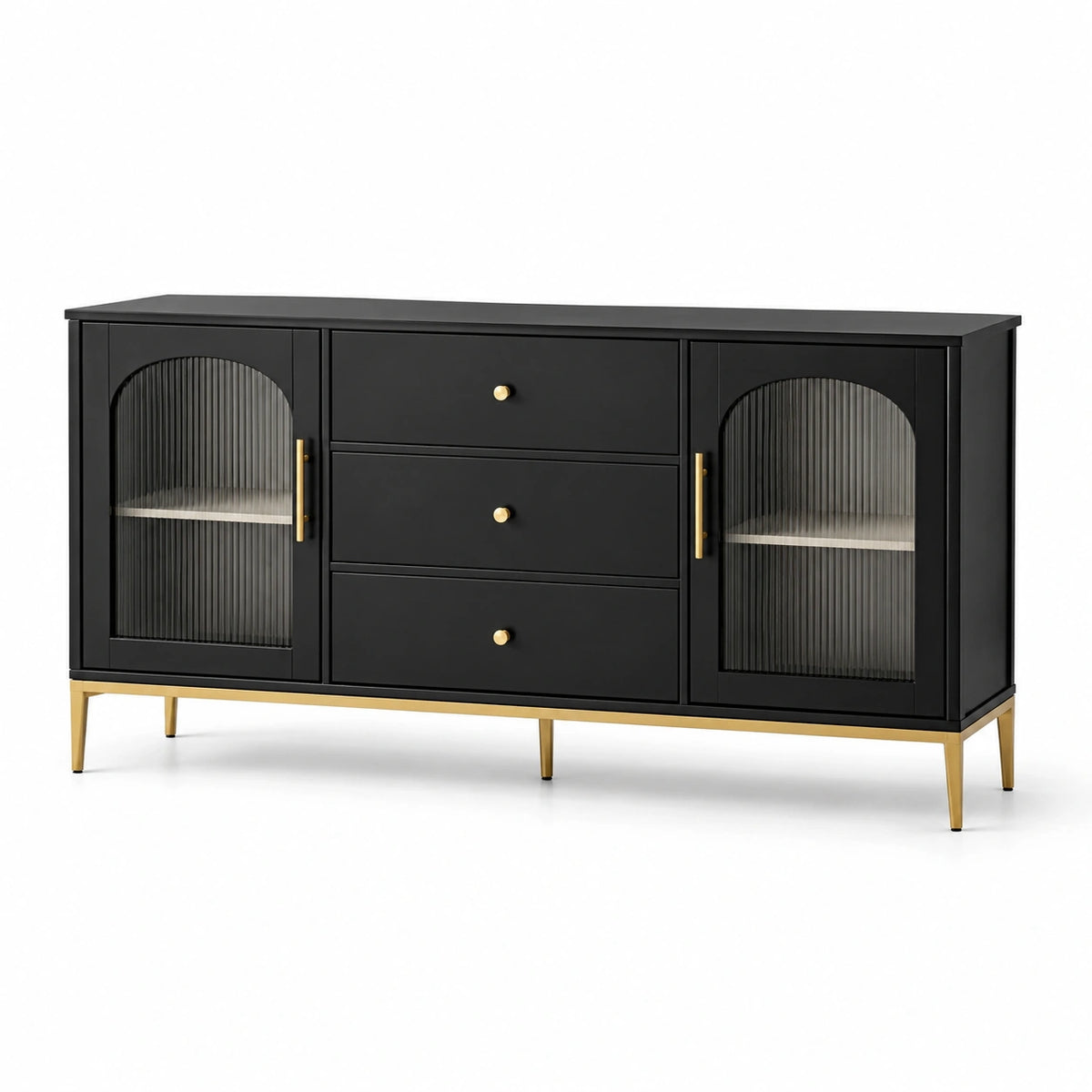 Buffet moderne noir et doré 150 x 40 x 80 cm avec 3 tiroirs, 2 portes en verre strié et pieds en métal