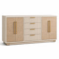 Buffet contemporain beige et doré à 4 portes et 4 tiroirs, 180 x 45 x 85 cm