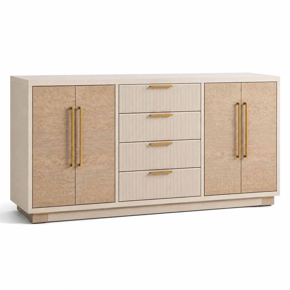 Buffet contemporain beige et doré à 4 portes et 4 tiroirs, 180 x 45 x 85 cm