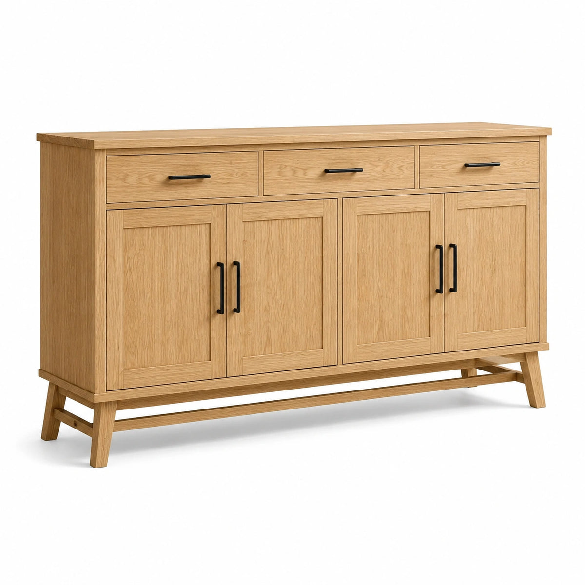 Buffet effet chêne naturel et noir avec 3 tiroirs et 4 portes, 160 x 40 x 85 cm
