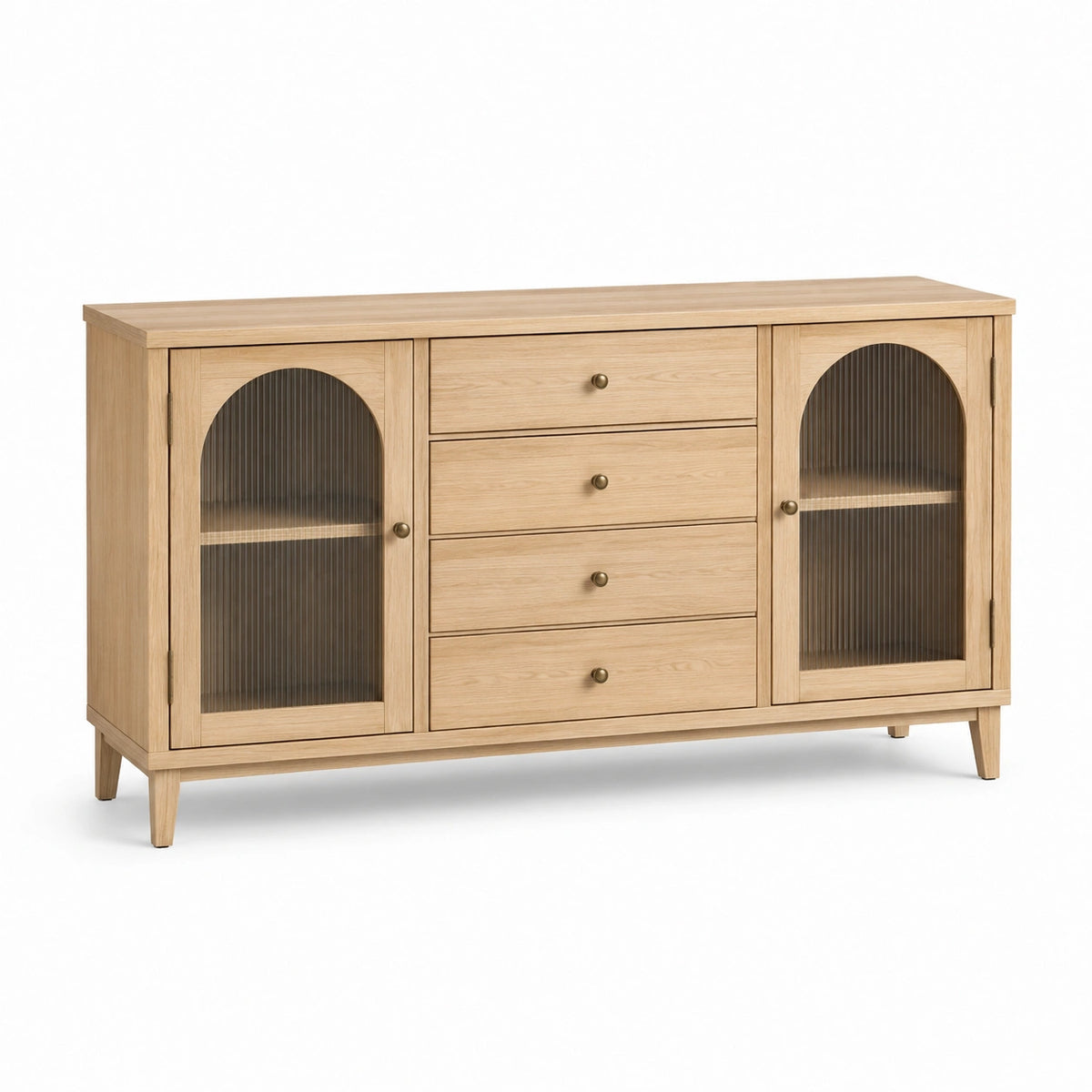 Buffet en bois clair et verre cannelé brun fumé, 4 tiroirs et 2 portes, 160 x 40 x 85 cm