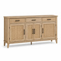 Buffet en bois naturel et cannage, 3 tiroirs et 4 portes, poignées noires, 160 x 40 x 85 cm