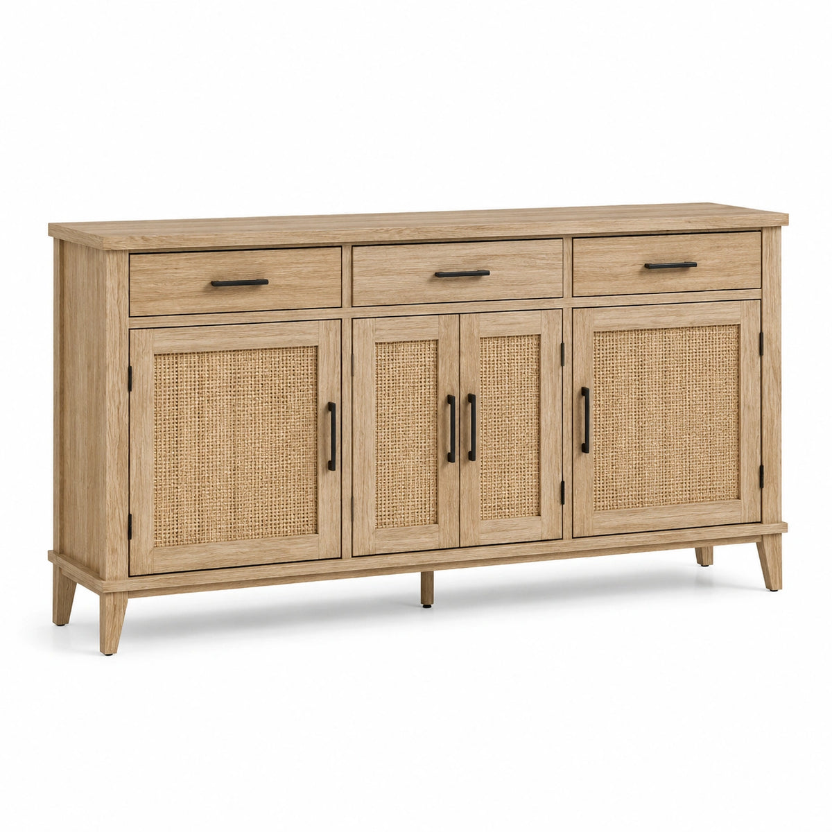 Buffet en bois naturel et cannage, 3 tiroirs et 4 portes, poignées noires, 160 x 40 x 85 cm