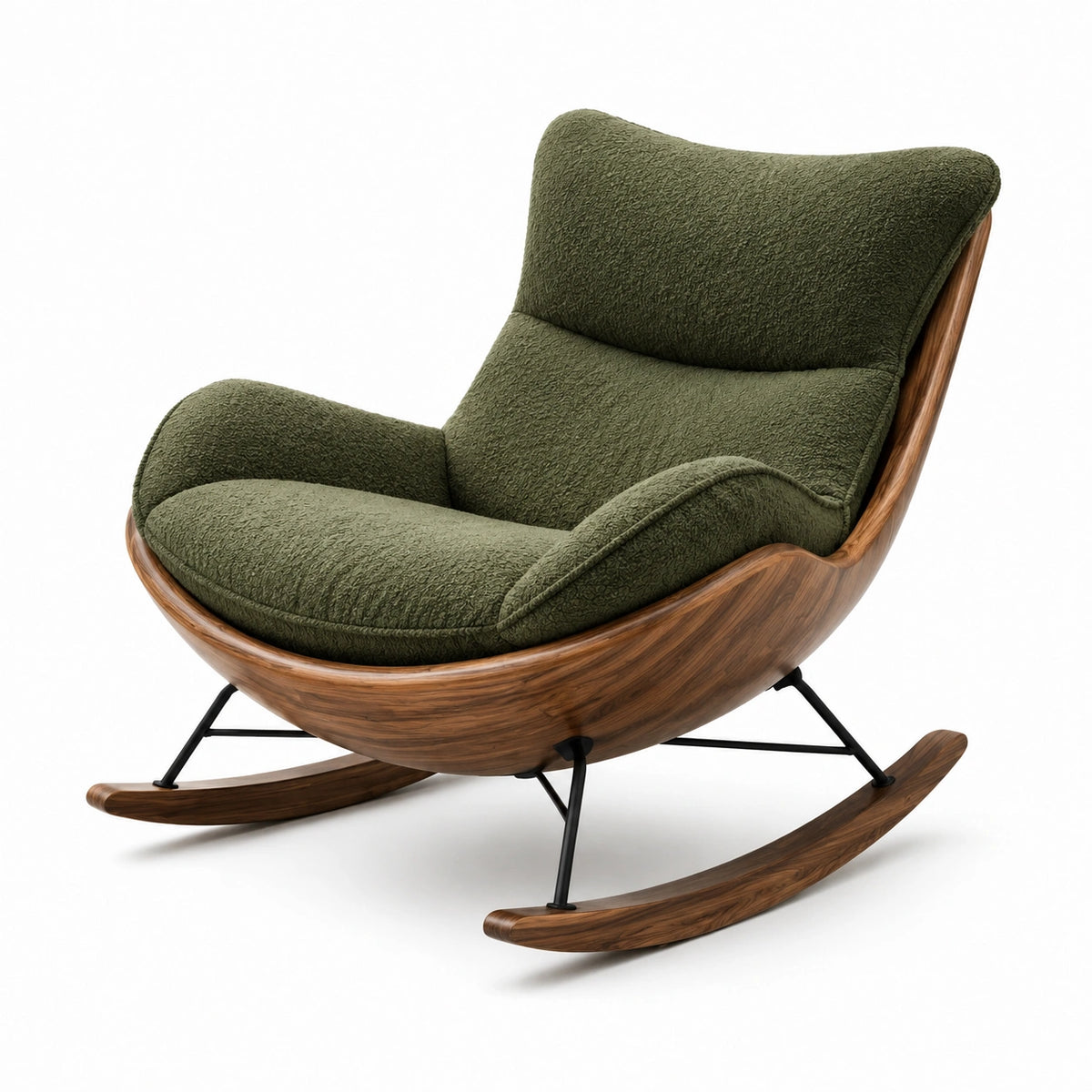 Fauteuil à bascule contemporain 96 x 88 x 90 cm, tissu texturé vert olive, bois brun et métal noir