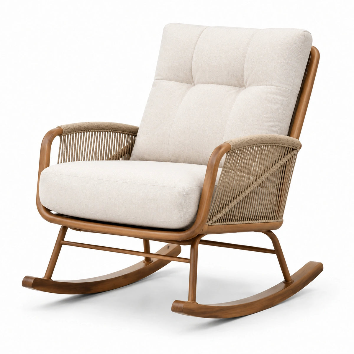 Fauteuil à bascule en métal brun et tissu beige avec accoudoirs tressés, 76 x 90 x 98 cm