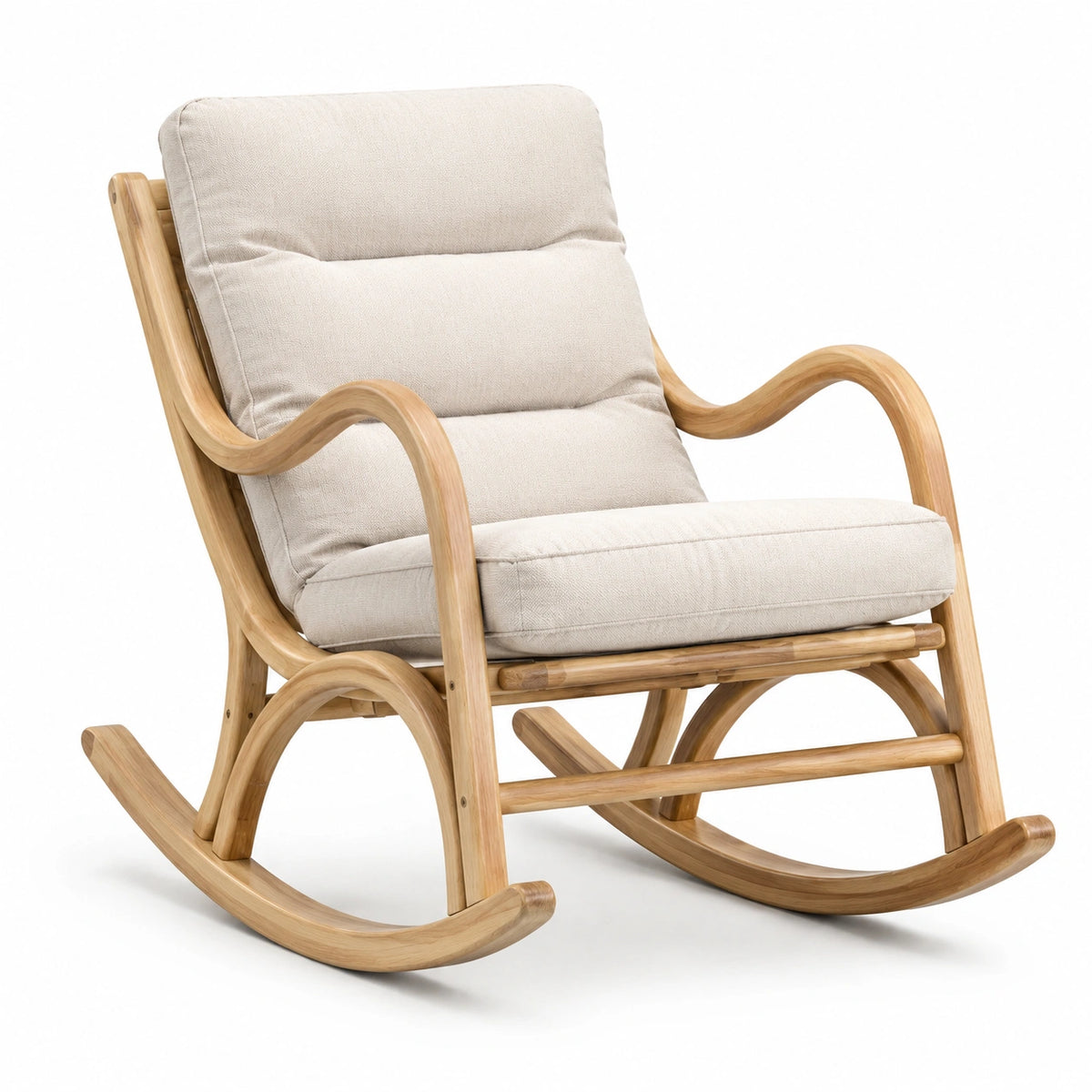 Fauteuil à bascule en bambou naturel et tissu beige, 78 x 95 x 102 cm