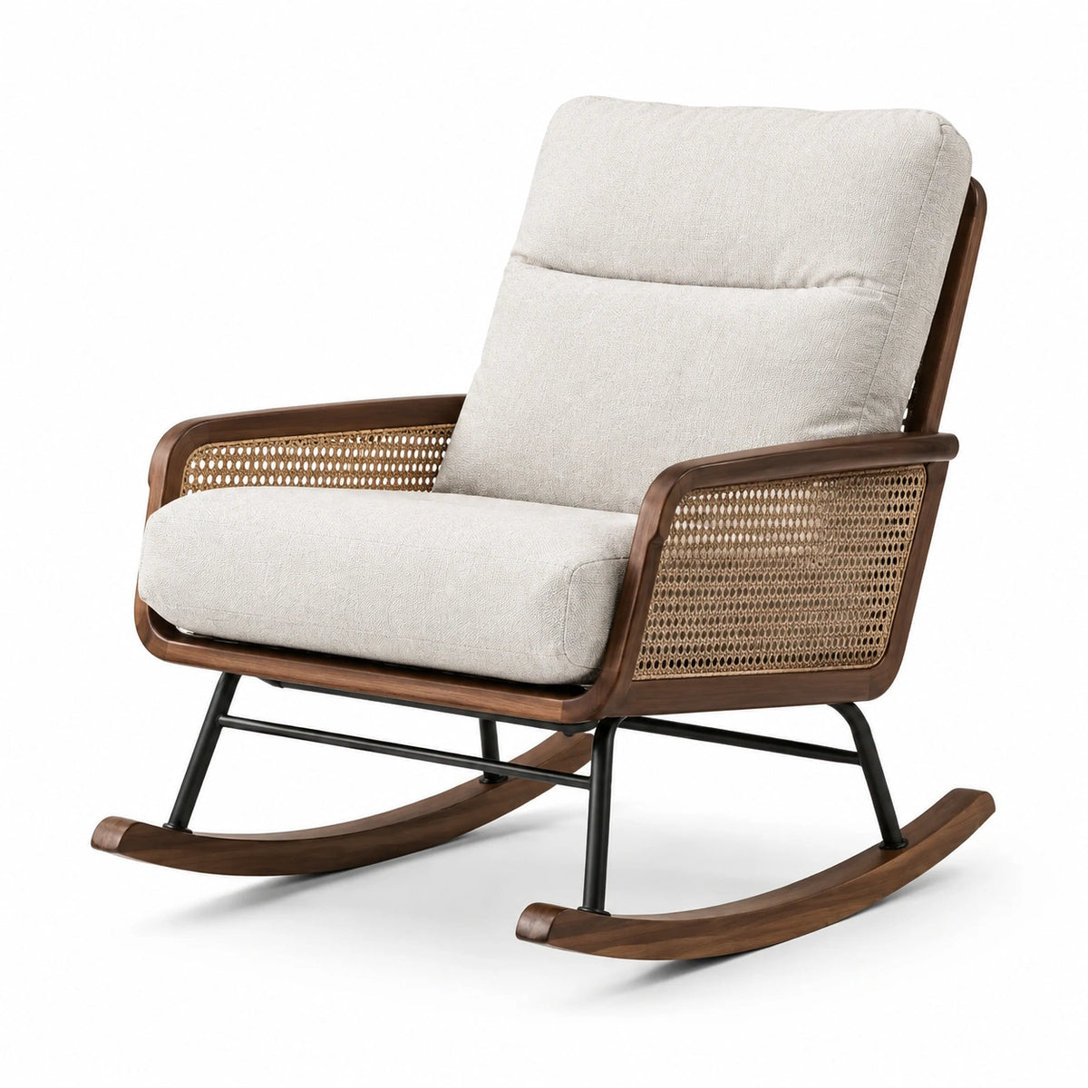 Fauteuil à bascule en bois avec cannage et tissu beige, 70 x 90 x 95 cm, style rétro