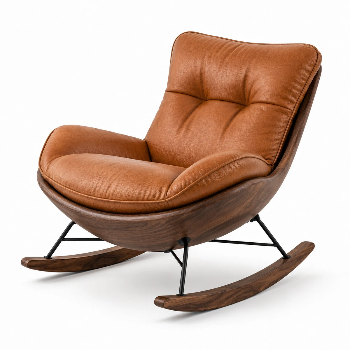 Fauteuil à bascule contemporain 95 x 90 x 92 cm, aspect cuir cognac, bois brun et structure noire