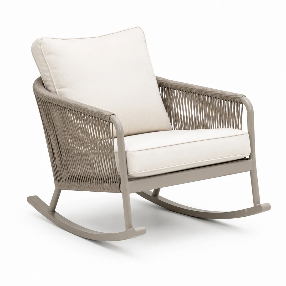 Fauteuil à bascule en métal et corde tressée taupe avec coussins écrus, 76 x 92 x 94 cm
