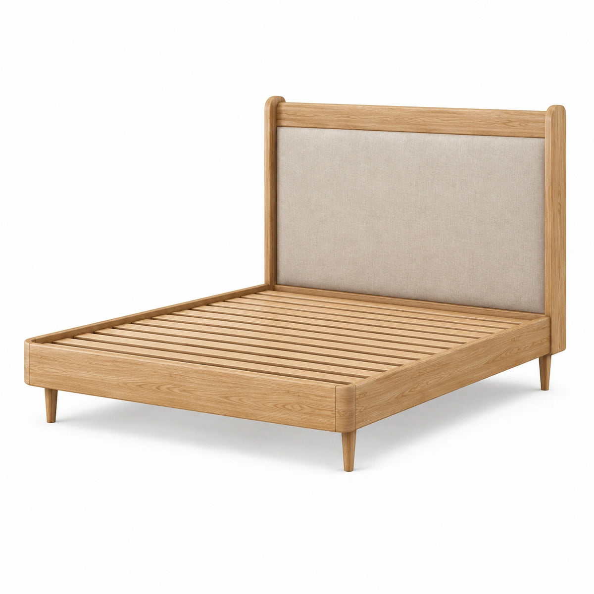 Lit double en bois naturel avec tête de lit en tissu beige et sommier à lattes, 160 x 200 cm