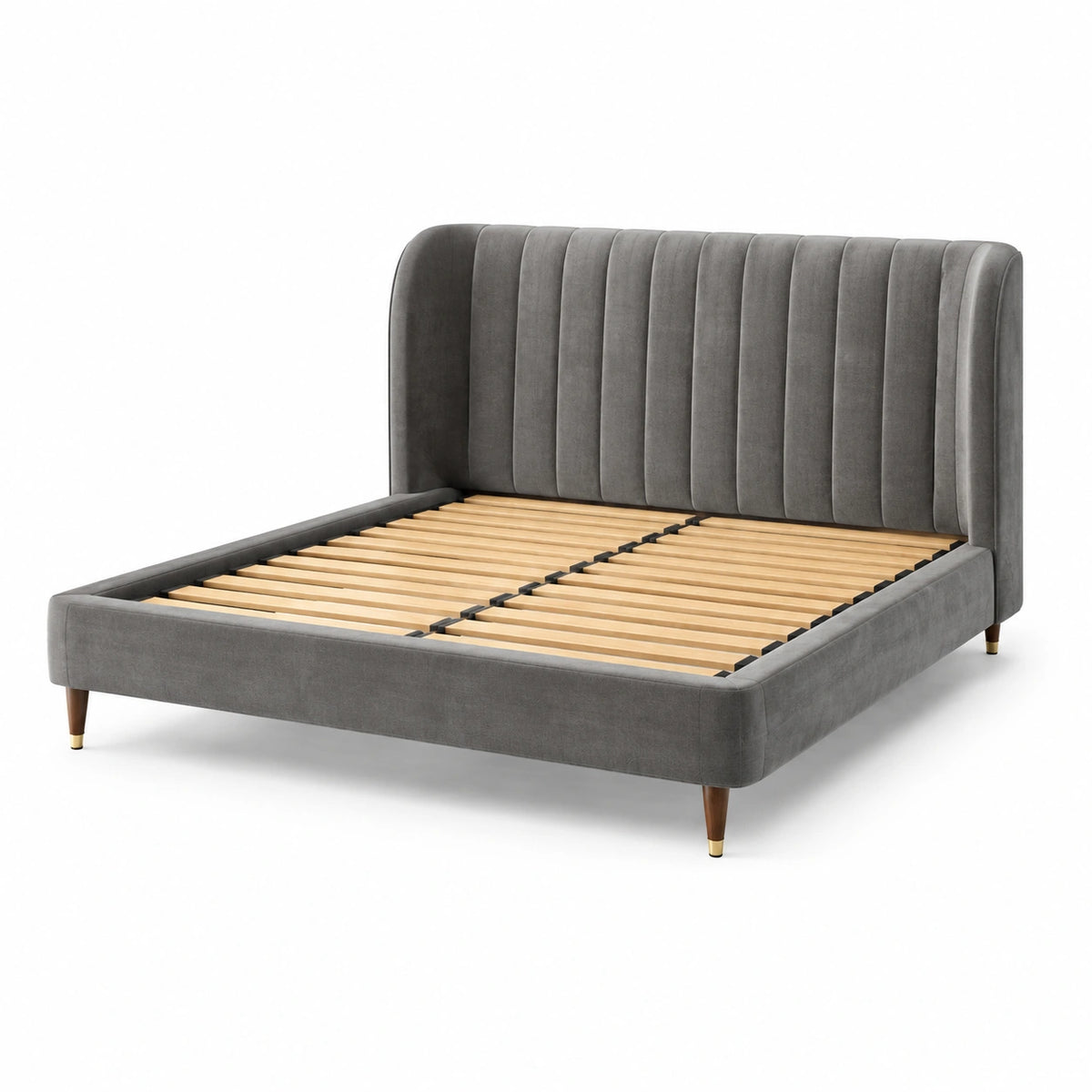 Lit double en velours gris avec sommier à lattes, 176 x 218 x 112 cm, pour matelas 160 x 200 cm