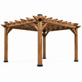 Pergola de jardin en bois brun et métal noir avec treillis ouvert, 366 x 366 x 244 cm