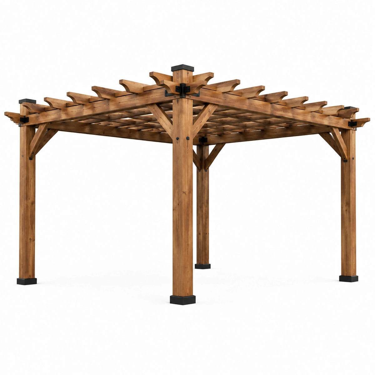 Pergola de jardin en bois brun et métal noir avec treillis ouvert, 366 x 366 x 244 cm