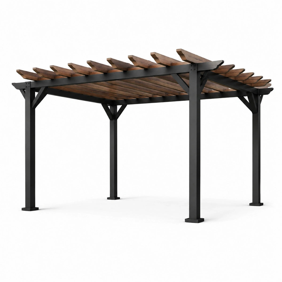 Pergola de jardin en bois brun et métal noir avec toit ajouré, 400 x 300 x 250 cm