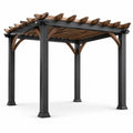 Pergola de jardin contemporaine en métal noir et bois brun avec toit ajouré, 400 x 300 x 250 cm
