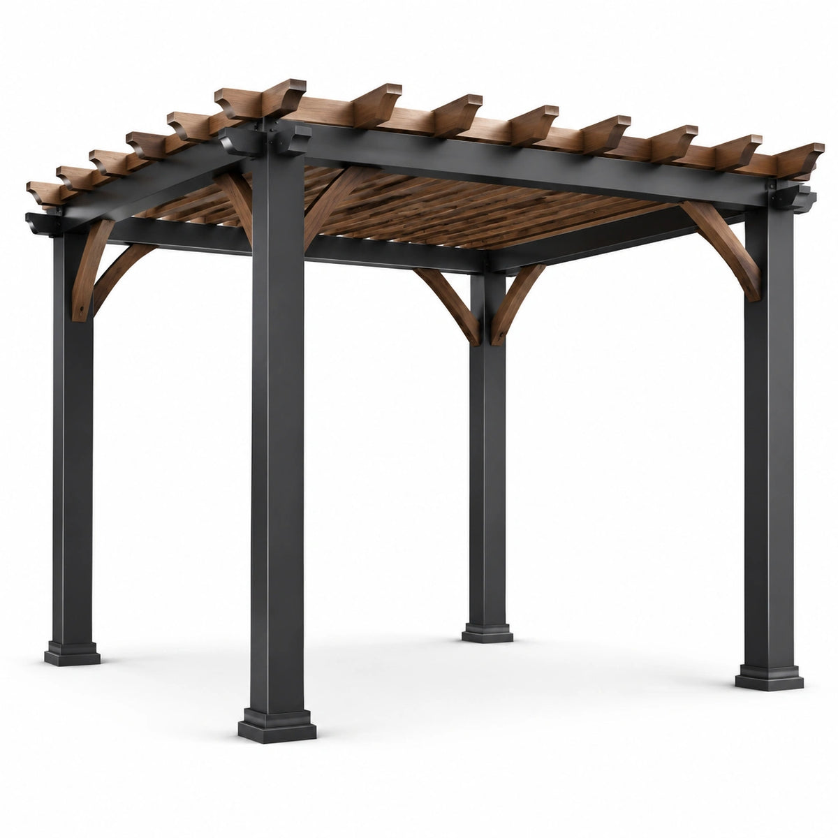 Pergola de jardin contemporaine en métal noir et bois brun avec toit ajouré, 400 x 300 x 250 cm